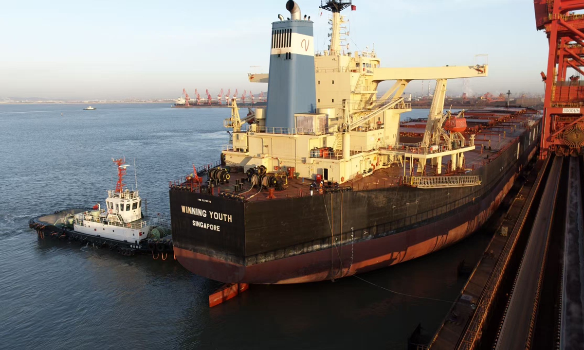The first high-grade iron ore from the Simandou blocks 3 and 4 mines in Guinea arrived at Rizhao Port in East China's Shandong Province on January 21, 2026. Photo: Courtesy of Rio Tinto