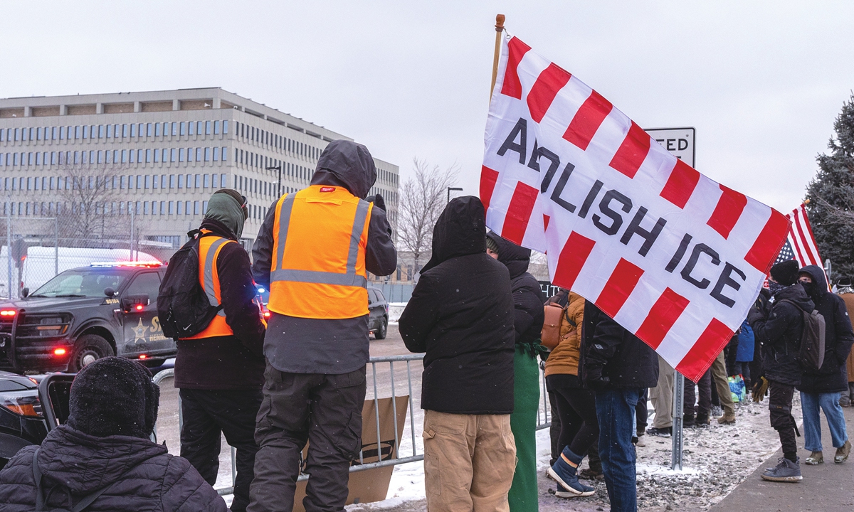 Protesters demonstrate against the Immigration and Customs Enforcement (ICE) in Minneapolis on January 18, 2026, after Renee Good was shot by an ICE officer on January 7, 2026. Photo: VCG