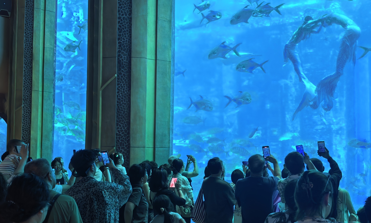 Tourists takes photos while enjoying the show inside the Lost Chambers Aquarium at Atlantis Sanya, South China's Hainan, on January 21. As the winter vacation approaches, various regions across the country are experiencing a peak in parent-child travel. Photo: Liu Yang/GT