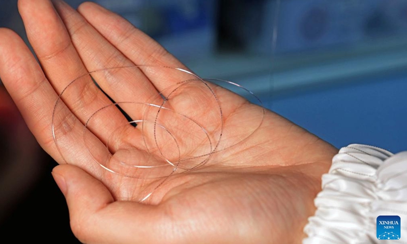 This photo taken on Jan. 19, 2026 shows a fiber chip at Fudan University in east China's Shanghai. (Xinhua/Liu Ying)

