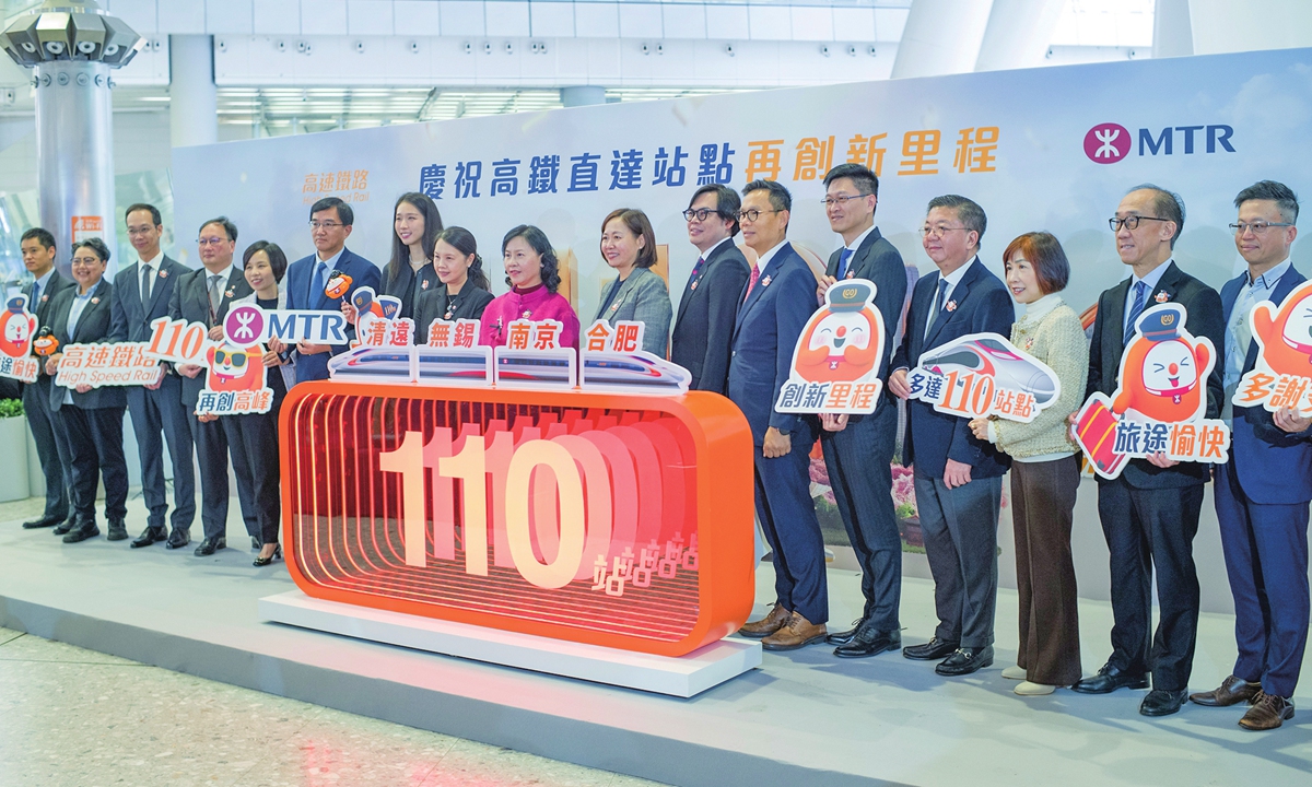 Representatives from the MTR Corporation Limited and the Hong Kong Special Administrative Region government attend a ceremony at Hong Kong West Kowloon Station on January 26, 2026, to celebrate the total number of direct destinations accessible via the Hong Kong section of the Guangzhou-Shenzhen-Hong Kong High-Speed Rail increasing to 110. Photo: VCG