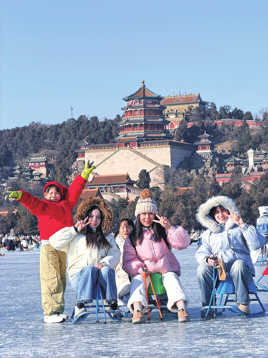 Kira Sun (second left), Yeva Sun (second right), and their family members skate and enjoy their time on the ice at the Summer Palace in Beijing in January 2026. Photo: Courtesy of Yeva Sun
