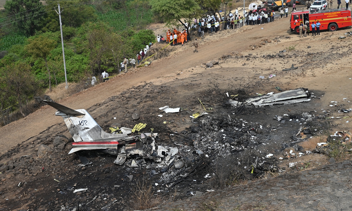Debris of the plane carrying Maharashtra Deputy Chief Minister Ajit Pawar at the crash site in Baramati, Maharashtra, India, January 28 2026. The Directorate General of Civil Aviation (DGCA) of India confirmed that Ajit Pawar was killed in the air crash involving his private jet, along with two crew members and two other personnel, including his Personal Security Officer. Photo: VCG