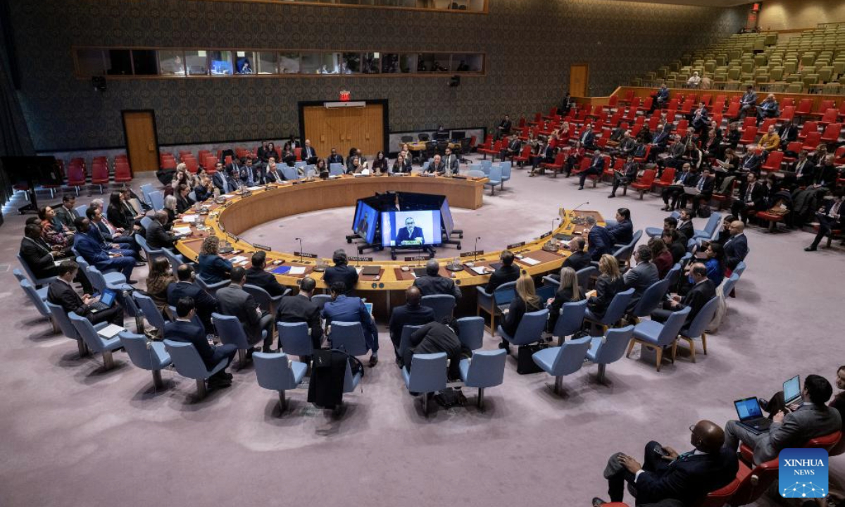 UN Deputy Special Coordinator for the Middle East Peace Process Ramiz Alakbarov (on screens) speaks via a video link at a Security Council meeting at the UN headquarters in New York, Jan. 28, 2026. Alakbarov said Wednesday that there might be a turning point for Gaza, with both profound opportunity and considerable risk. (Manuel Elias/UN Photo/Handout via Xinhua)