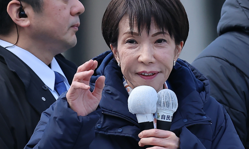 Japanese Prime Minister and Liberal Democratic Party President Sanae Takaichi speaks during the election campaign rally on January 29, 2026 in Himeji, Japan. Photo: VCG