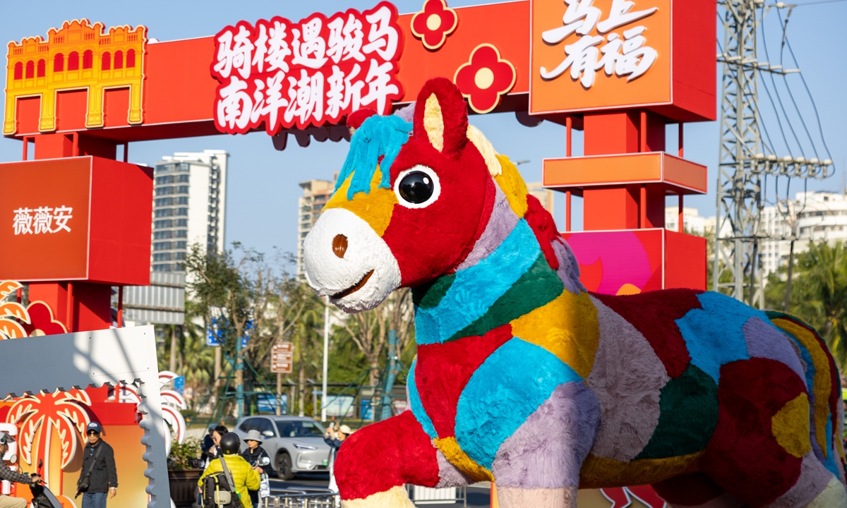 A decorative horse display makes its debut on Qilou Old Street in Haikou, South China's Hainan Province, on January 29, 2026, infusing the historic district with a festive atmosphere for the Year of the Horse.