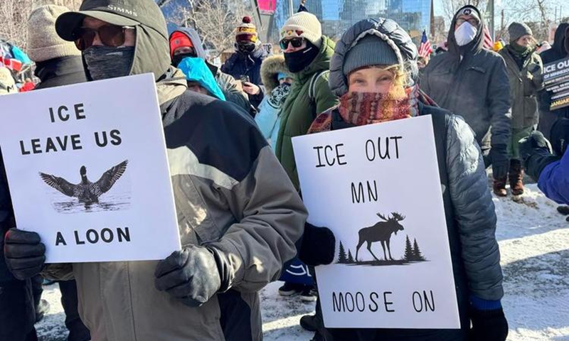 People attend a protest in Minneapolis, Minnesota, the United States on Jan. 23, 2026. (Xinhua)