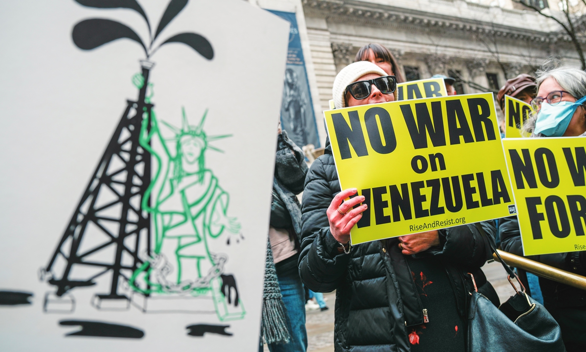 Citizens protest against US political interference in Venezuela in New York, the US, on January 6, 2026.