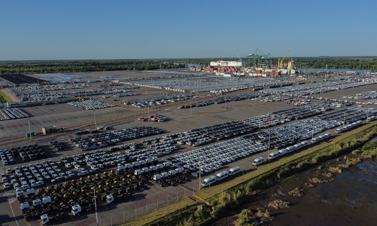 An aerial view of electric vehicles unloaded from the BYD Changzhou at the Port Terminal of Zarate after the vessel arrived from Singapore carrying a record shipment of 7,000 electric cars, marking the first time a full ship belonging to a Chinese automaker has arrived in Zarate, Argentina, on January 20, 2026. The unloading operation is expected to take around 36 hours, reinforcing Zarateas role as a key automotive hub in South America. Photo: VCG