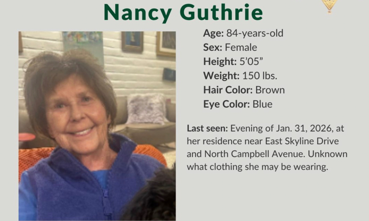 This image provided by the Pima County Sheriff’s Department shows a missing person alert for Nancy Guthrie. Photo: VCG