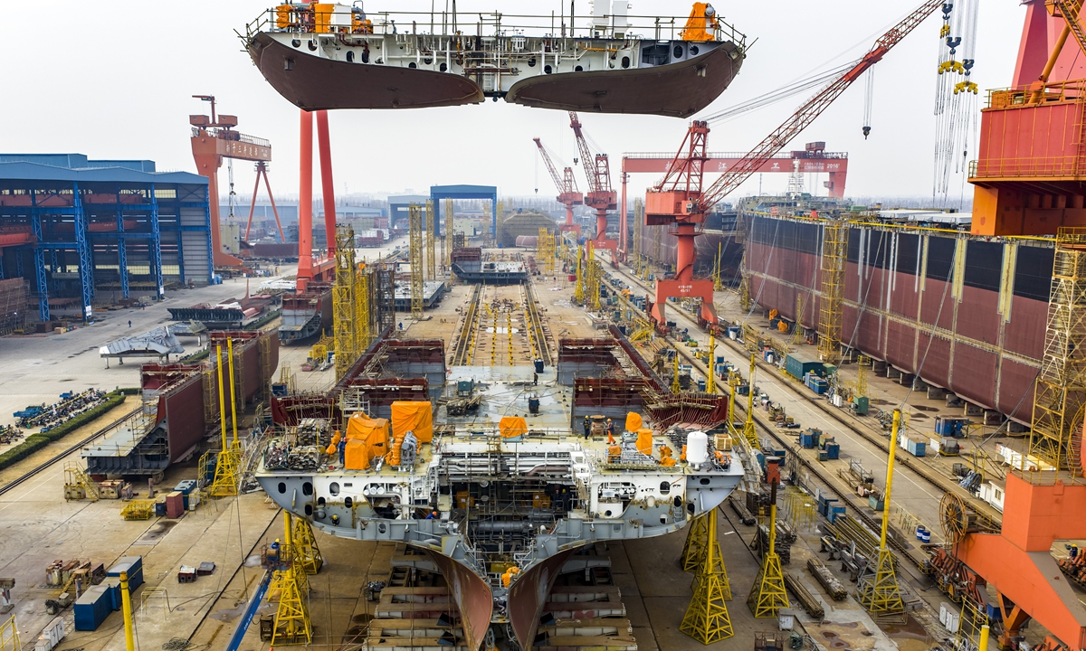 A vessel is under construction at a shipbuilding enterprise in Taicang, East China's Jiangsu Province on February 1, 2026. China's shipbuilding industry maintained its global lead across all three major indicators in 2025 for the 16th year in a row, official data showed. Photo: VCG