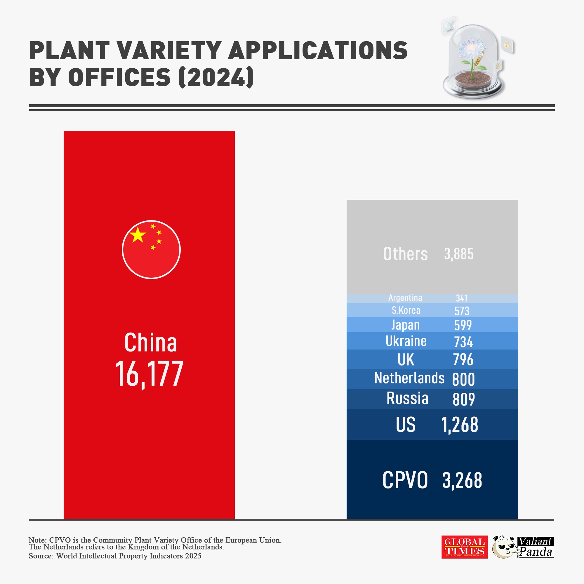 China has been the global hub for plant variety protection and innovation, receiving 55.3% of global plant variety applications in 2024—more than the rest of the world combined. That is 5x more than the EU and 12x more than the US.