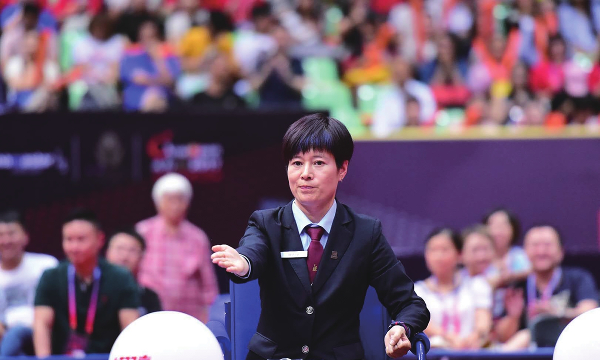 Wu Fei officiates the final match of the China Open Table Tennis tournament in 2017. Photo: Table Tennis World