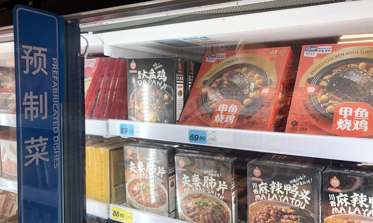 Pre-cooked meals displayed in the retail section of a supermarket in Changzhou, East China's Jiangsu Province, March 4, 2025. Photo: VCG