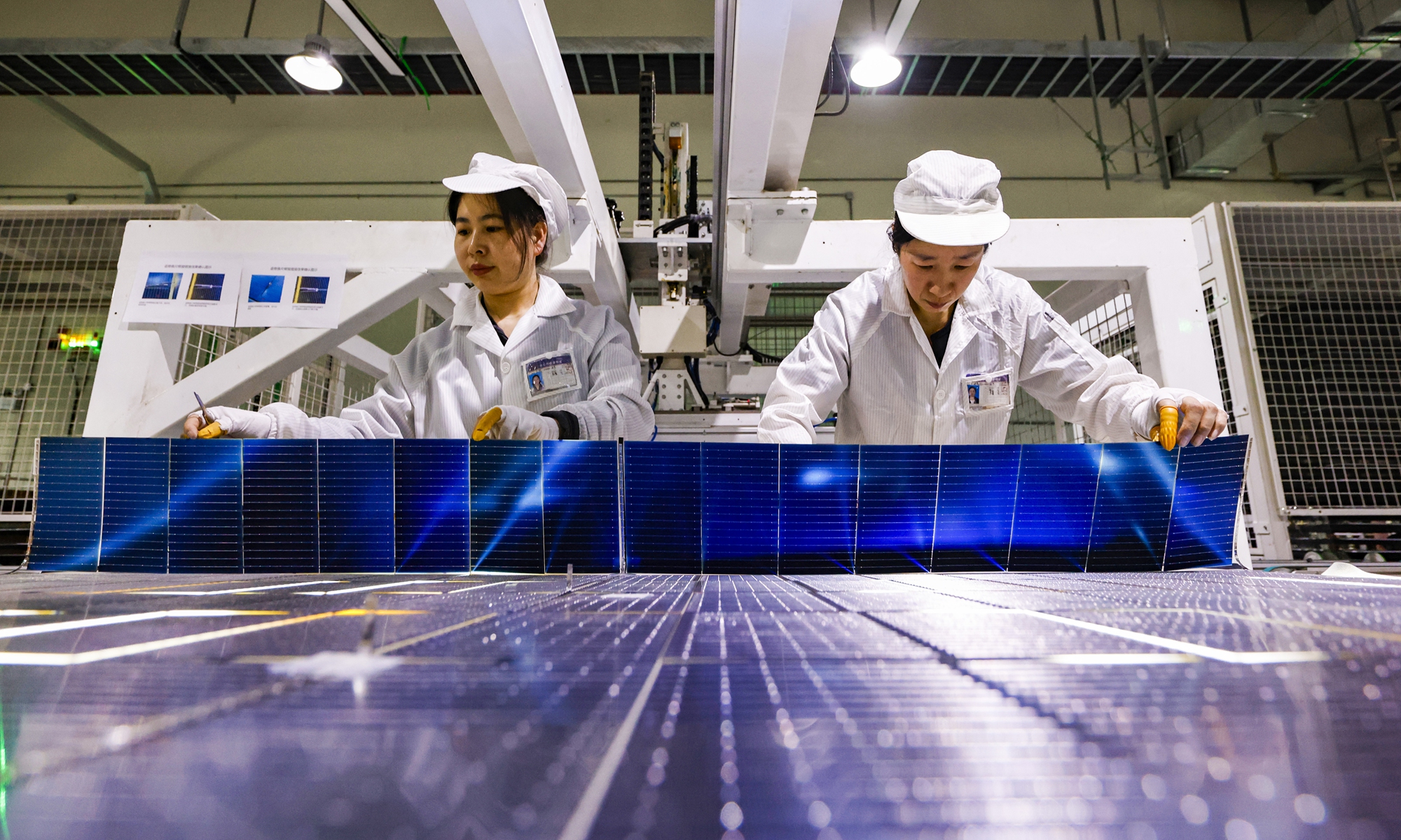 Workers rush to fulfill export orders for photovoltaic equipment in a new-energy technology company in Suqian, East China's Jiangsu Province on February 9, 2026. In 2025, China's exports of new-energy products such as electric vehicles, photovoltaic products, and lithium batteries reached 1.3 trillion yuan ($187.46 billion), with the 