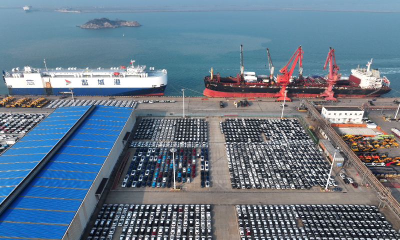 A large number of new-energy vehicles waiting to be exported are parked at Lianyungang Port, East China's Jiangsu Province, on February 11, 2026. Photo: VCG