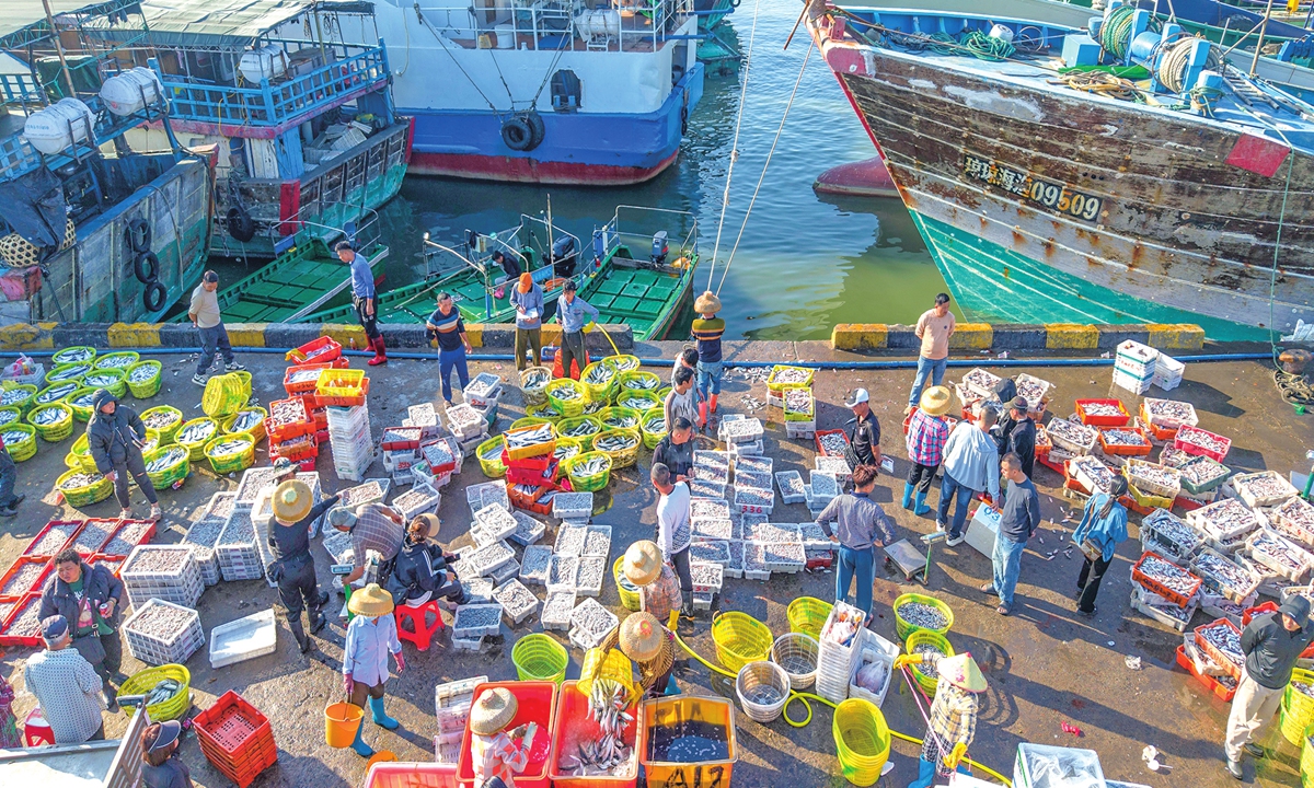 Fishermen trade freshly caught seafood at Tanmen Port in Qionghai, South China's Hainan Province, on February 12, 2026. As the Spring Festival approaches, fish from the South China Sea are steadily supplied to local holiday markets, adding a taste of the sea to reunion dinners. Photo: VCG