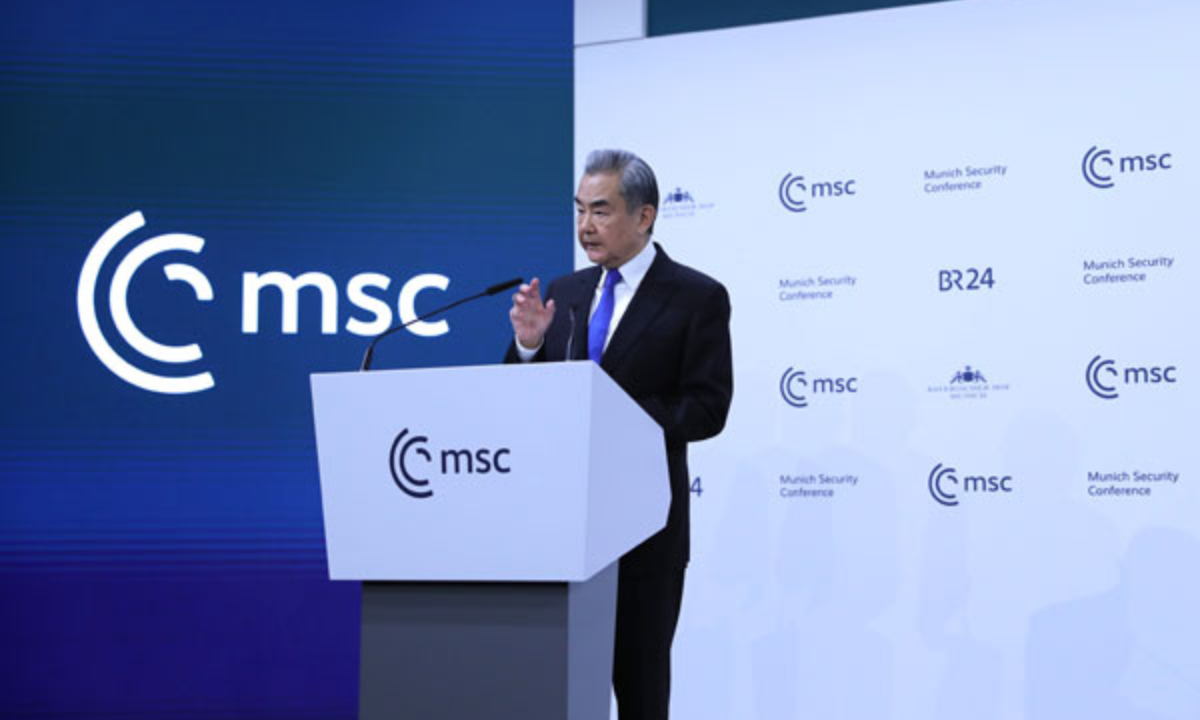 Chinese Foreign Minister Wang Yi, also a member of the Political Bureau of the Communist Party of China Central Committee, delivers a keynote speech during the “Conversation with China” session at the Munich Security Conference in Munich, Germany, on Feb. 14, 2026. Photo: China’s Ministry of Foreign Affairs 