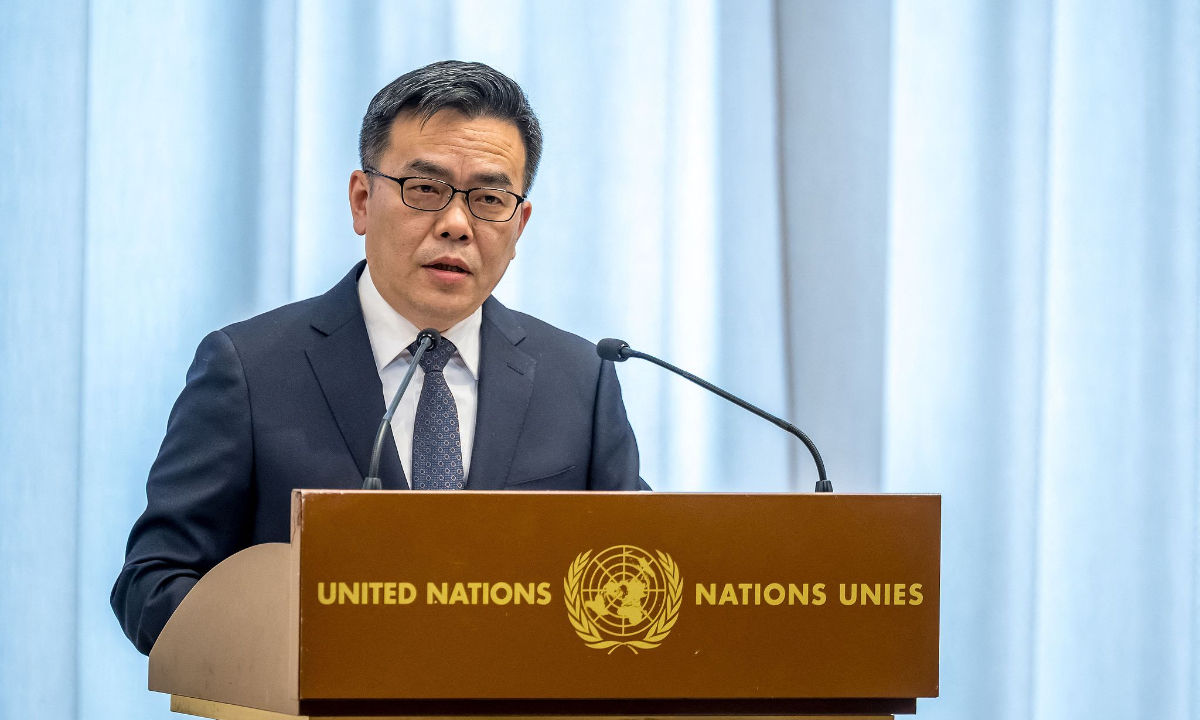 China's ambassador Shen Jian addresses the audience during the annual high-level debate of the United Nations Conference on Disarmament in Geneva, on February 23, 2026. Photo: VCG 
