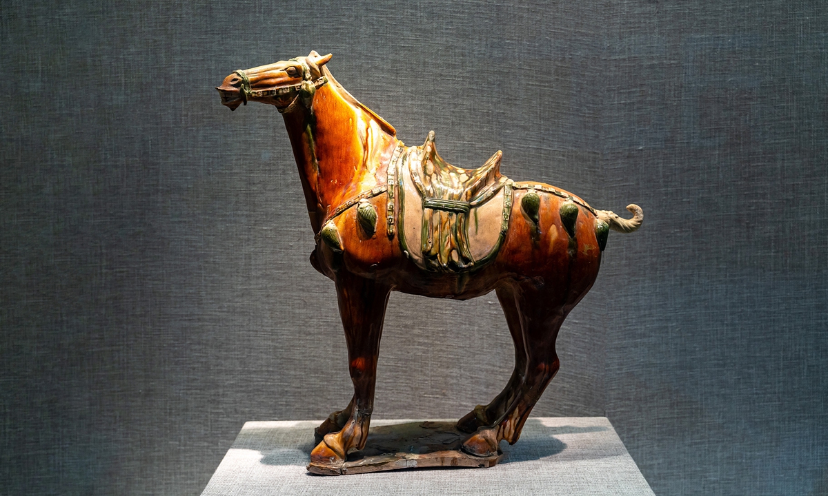 A tri-color horse statue from the Tang Dynasty at Luoyang Museum, Central China's Henan Province Photo: VCG