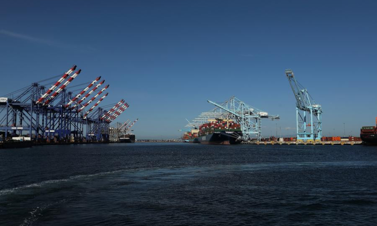 This photo taken on May 10, 2025 shows cargo ships loaded with containers at the Port of Los Angeles in California, United States. (Photo by Qiu Chen/Xinhua)