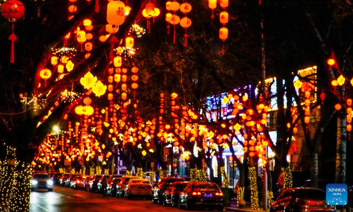 This photo taken on Feb. 7, 2026 shows lanterns hung to celebrate Spring Festival in Beijing, capital of China. (Photo by Liu Mancang/Xinhua)

