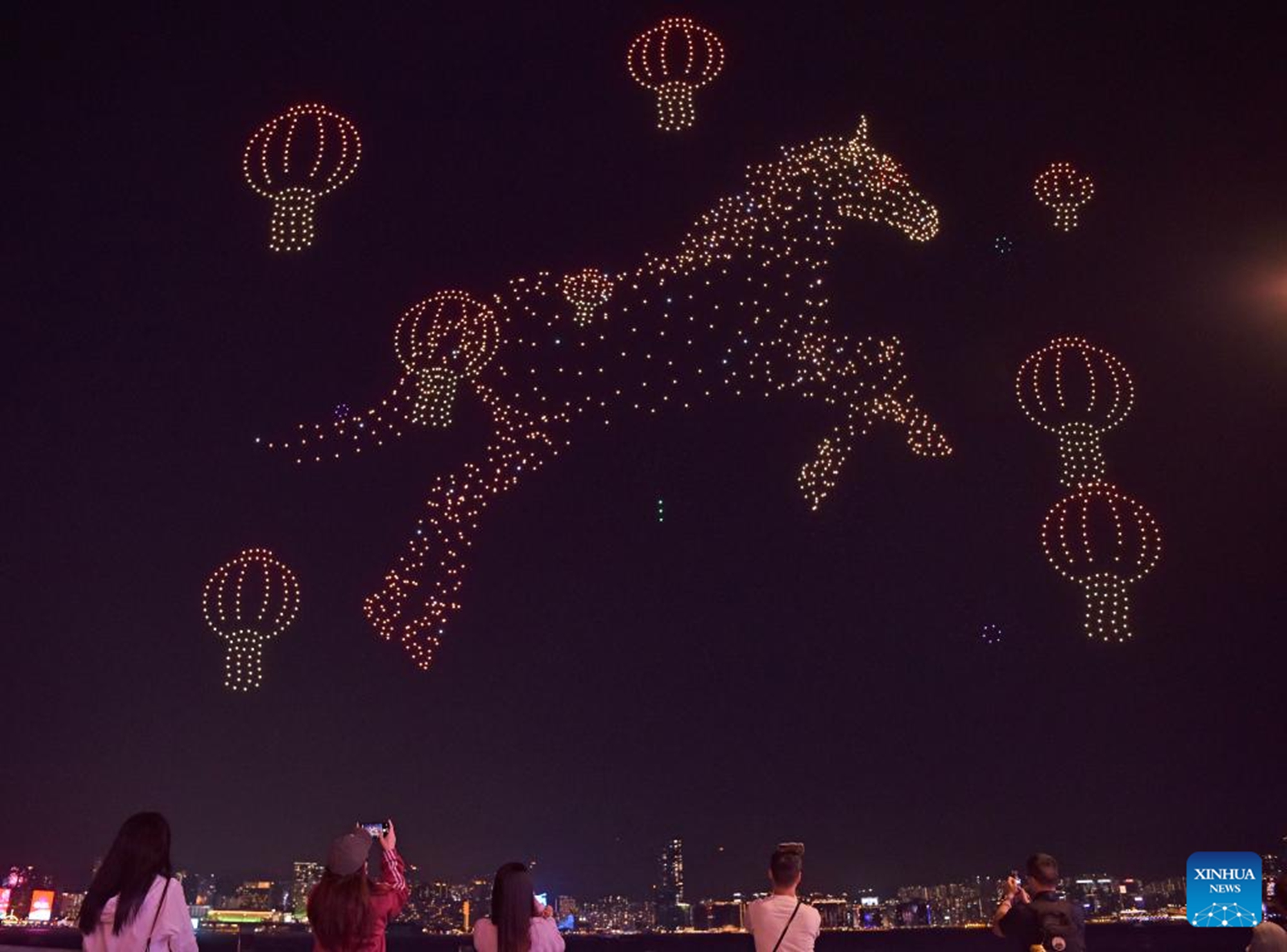 A drone light show to mark the upcoming Chinese New Year is staged in Hong Kong, south China, Feb. 14, 2026. (Xinhua/Chen Duo)
