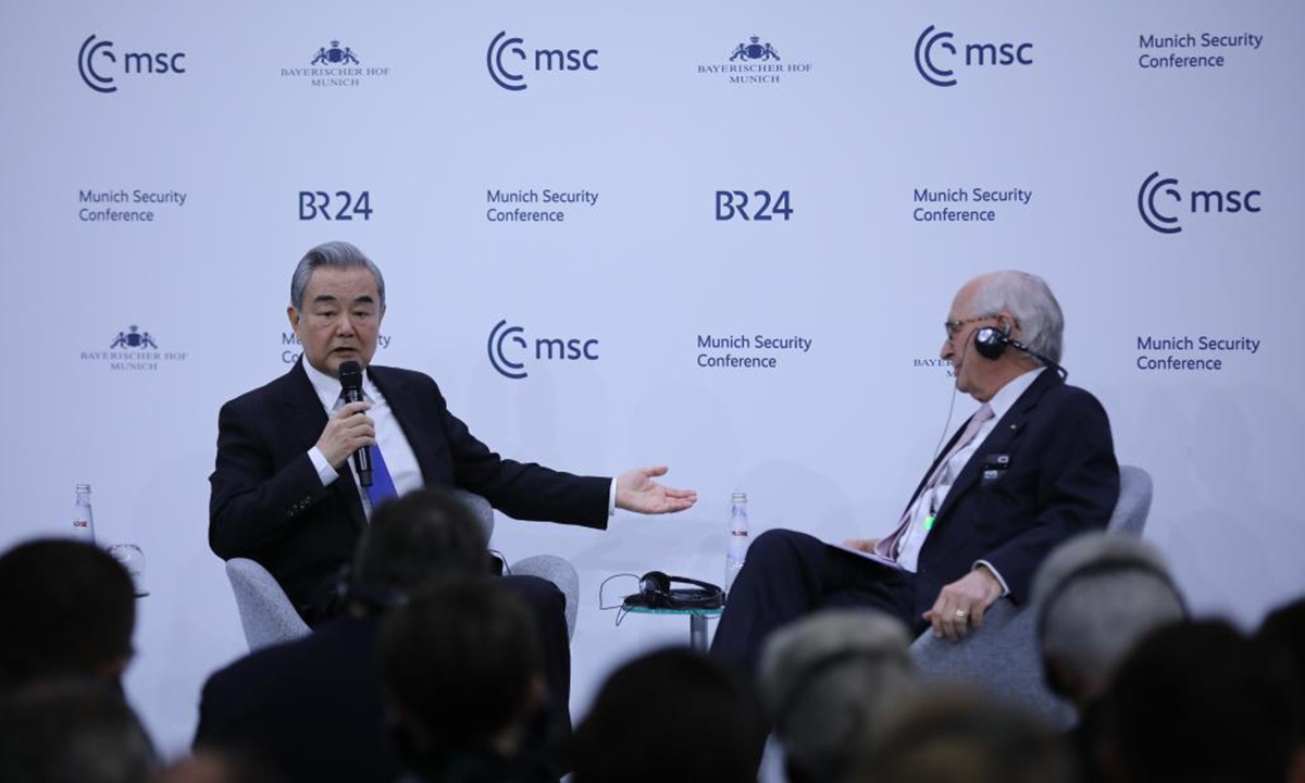 Chinese Foreign Minister Wang Yi, also a member of the Political Bureau of the Communist Party of China Central Committee, responses to questions after delivering a speech at the China in the World session of the Munich Security Conference in Munich, Germany, Feb. 14, 2026. (Xinhua/Du Zheyu)