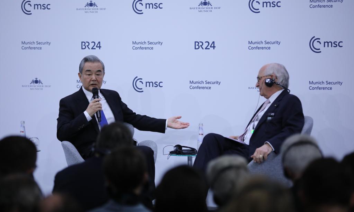 Chinese Foreign Minister Wang Yi, also a member of the Political Bureau of the Communist Party of China Central Committee, responds to questions after delivering a speech at the China in the World session of the Munich Security Conference in Munich, Germany, on Feb. 14, 2026. Photo: Xinhua