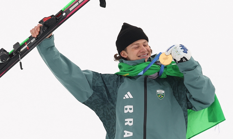 Lucas Pinheiro Braathen of Brazil wins gold at the Giant Slalom race at the Milano Cortina 2026 Olympic Winter Games on February 14, 2026 in Bormio, Italy. Photo: CFP
