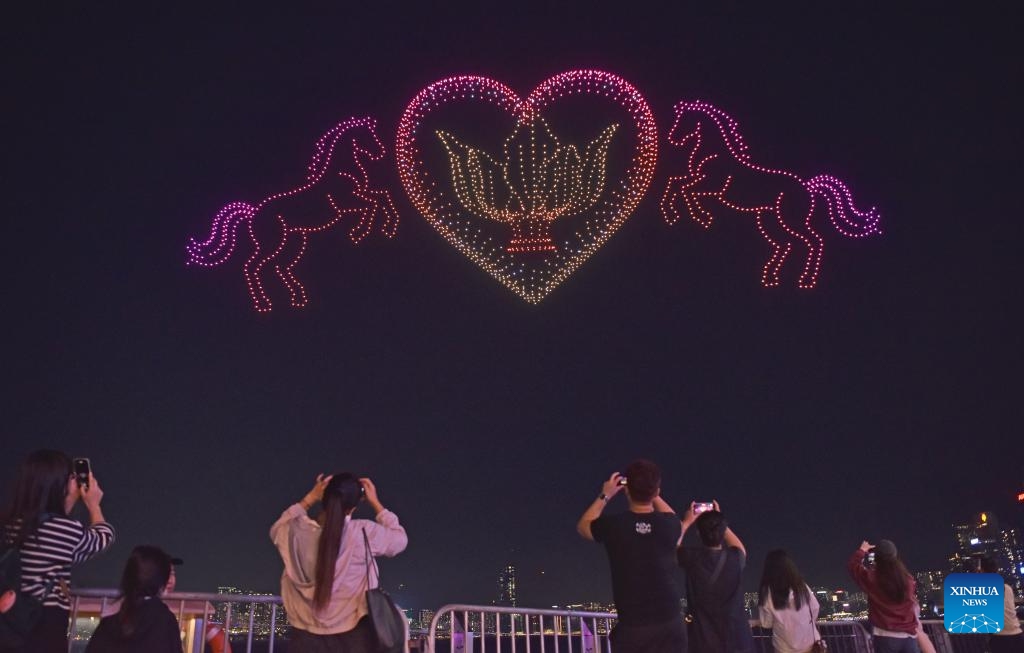 A drone light show to mark the upcoming Chinese New Year is staged in Hong Kong, south China, Feb. 14, 2026. (Xinhua/Chen Duo)