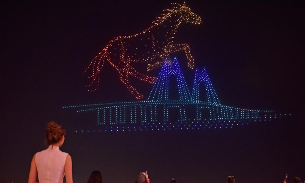 A drone light show to mark the upcoming Chinese New Year is staged in Hong Kong, south China, Feb. 14, 2026. (Xinhua/Chen Duo)