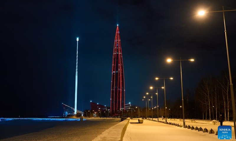 This photo taken on Feb. 15, 2026 shows Lakhta Center, the tallest building in Russia, illuminated in China red to celebrate the Chinese New Year in St. Petersburg, Russia. (Photo by Guo Feizhou/Xinhua)