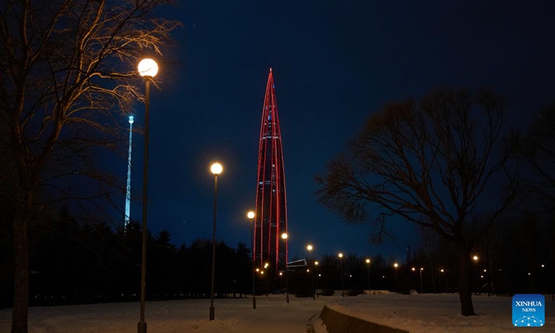 This photo taken on Feb. 15, 2026 shows Lakhta Center, the tallest building in Russia, illuminated in China red to celebrate the Chinese New Year in St. Petersburg, Russia. (Photo by Guo Feizhou/Xinhua)