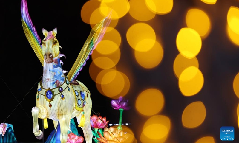 This photo taken on Feb. 14, 2026 shows a lantern fair celebrating the upcoming Chinese New Year in Lanzhou, northwest China's Gansu Province. (Xinhua/Chen Bin)