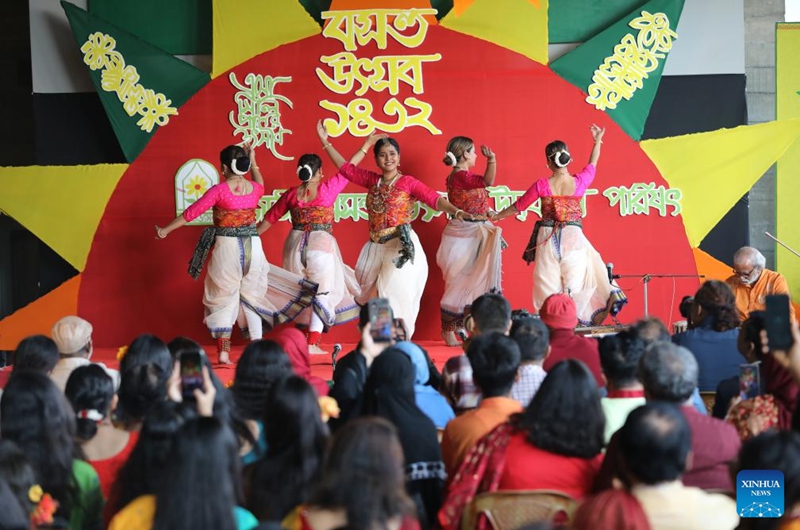 Women perform during the Pahela Falgun festival in Dhaka, Bangladesh, Feb. 14, 2026. The first day on the eleventh month of the Bengali calendar marks the Pahela Falgun festival, during which people celebrate the beginning of the spring. (Photo by Habibur Rahman/Xinhua)