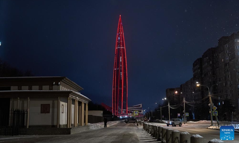 This photo taken on Feb. 15, 2026 shows Lakhta Center, the tallest building in Russia, illuminated in China red to celebrate the Chinese New Year in St. Petersburg, Russia. (Photo by Guo Feizhou/Xinhua)