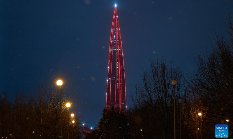 This photo taken on Feb. 15, 2026 shows Lakhta Center, the tallest building in Russia, illuminated in China red to celebrate the Chinese New Year in St. Petersburg, Russia. (Photo by Guo Feizhou/Xinhua)