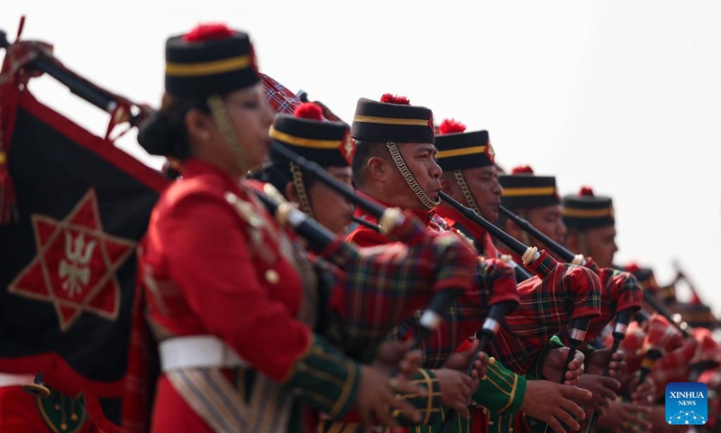 The Nepalese Army performs in a celebratory parade marking the 263rd Army Day in Kathmandu, Nepal, Feb. 15, 2026. (Photo by Sulav Shrestha/Xinhua)