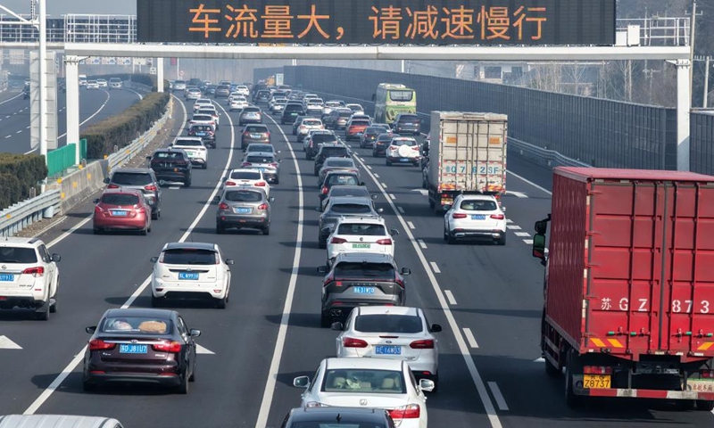 A drone photo taken on Feb. 15, 2026 shows vehicles driving on an expressway in Yangzhou, east China's Jiangsu Province. Over 285 million inter-regional passenger trips are predicted across China on Sunday, the first day of this year's nine-day Spring Festival holiday. The figure represents a 10.5 percent increase from the same period last year, the Ministry of Transport said on Sunday. Photo: Xinhua