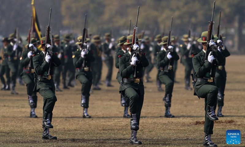 The Nepalese Army performs in a celebratory parade marking the 263rd Army Day in Kathmandu, Nepal, Feb. 15, 2026. (Photo by Sulav Shrestha/Xinhua)