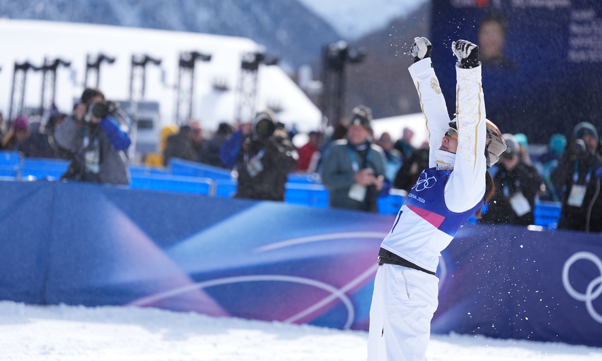 China's Xu Mengtao wins women's freeski aerials at Milan-Cortina Winter Olympics on February 18, 2026. This is the second gold medal for the Chinese delegation. Photo: Wang Liang/People's Daily