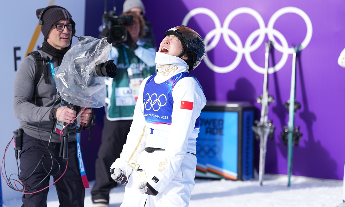 China's Xu Mengtao wins women's freeski aerials at Milan-Cortina Winter Olympics on February 18, 2026. This is the second gold medal for the Chinese delegation. Photo: Wang Liang/People's Daily