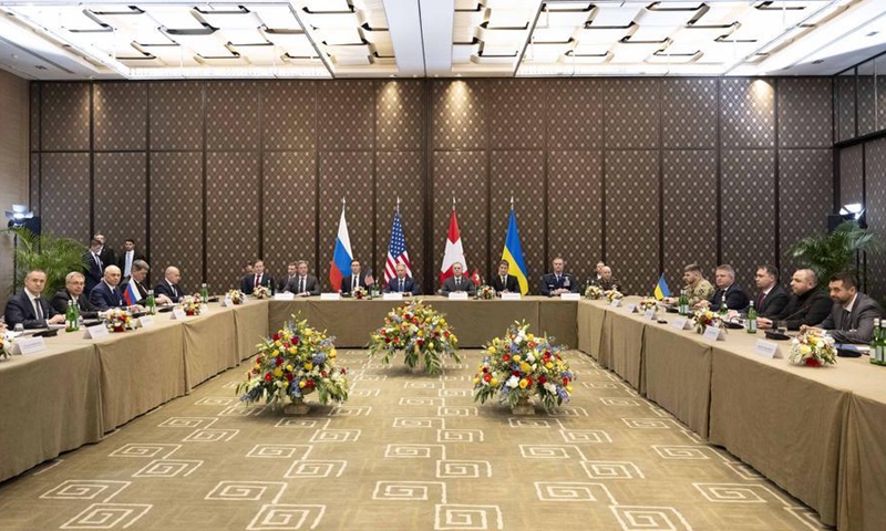 This photo taken on Feb. 17, 2026 shows the scene of trilateral talks among Ukraine, the United States and Russia in Geneva, Switzerland.  (Photo by Beatrice Devenes/The Swiss Federal Department of Foreign Affairs/Handout via Xinhua)