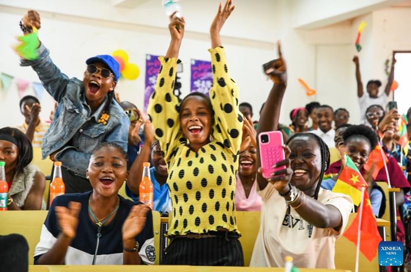 Audiences cheer for participants during the final of the 12th edition of the Voice of Cameroon Chinese song competition at the University of Yaounde II in Soa, Cameroon, Feb. 20, 2026. (Xinhua/Kepseu)