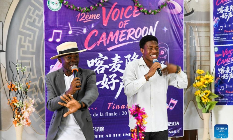 Participants sing a Chinese song in the final of the 12th edition of the Voice of Cameroon Chinese song competition at the University of Yaounde II in Soa, Cameroon, Feb. 20, 2026. (Xinhua/Kepseu)