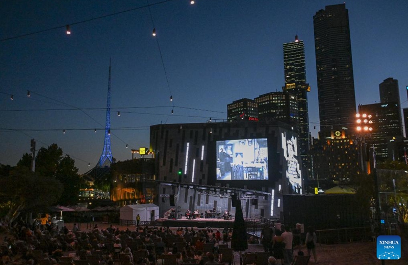 The Goddess, the 1934 classic Chinese silent movie, is shown at the Federation Square in Melbourne, Australia, on Feb. 20, 2026. This is the last silent movie shown here from Feb. 16 to 20. (Xinhua/Xu Haijing)
