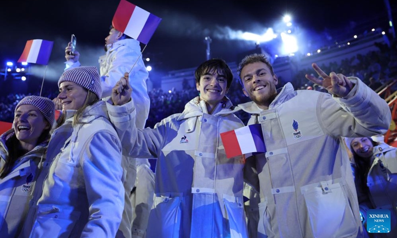 Athletes of France parade during the closing ceremony of the Milan-Cortina 2026 Olympic Winter Games at Verona Olympic Arena in Verona, Italy, Feb. 22, 2026. (Xinhua/Li Ming)