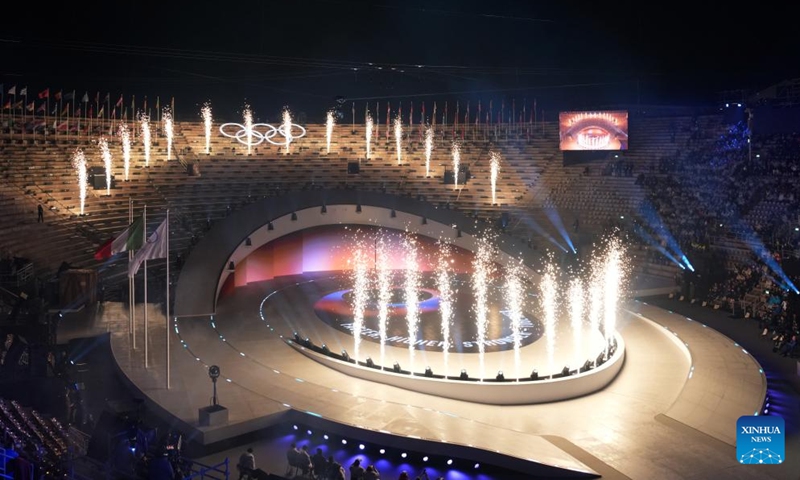 Fireworks is pictured during the closing ceremony of the Milan-Cortina 2026 Olympic Winter Games at Verona Olympic Arena in Verona, Italy, Feb. 22, 2026. (Xinhua/Sun Fei)