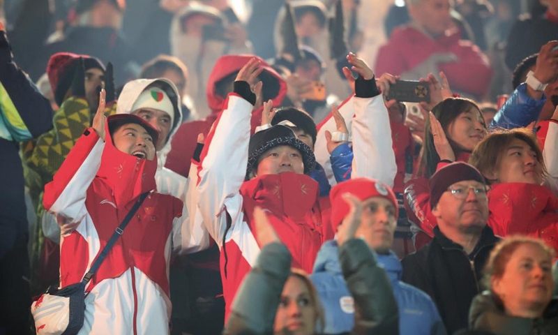 Members of the delegation of China attend the closing ceremony of the Milan-Cortina 2026 Olympic Winter Games at Verona Olympic Arena in Verona, Italy, Feb. 22, 2026. (Xinhua/Li Ming)